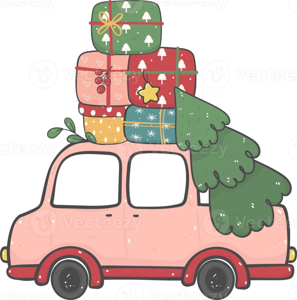 cute Christmas car cartoon doodle hand drawn png