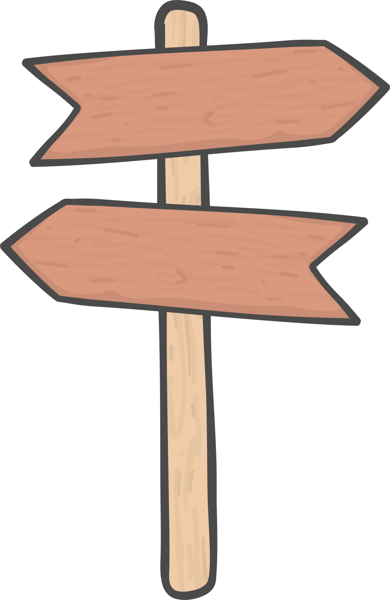two brown wooden sign board arrow shape on pole stick simple doodle
