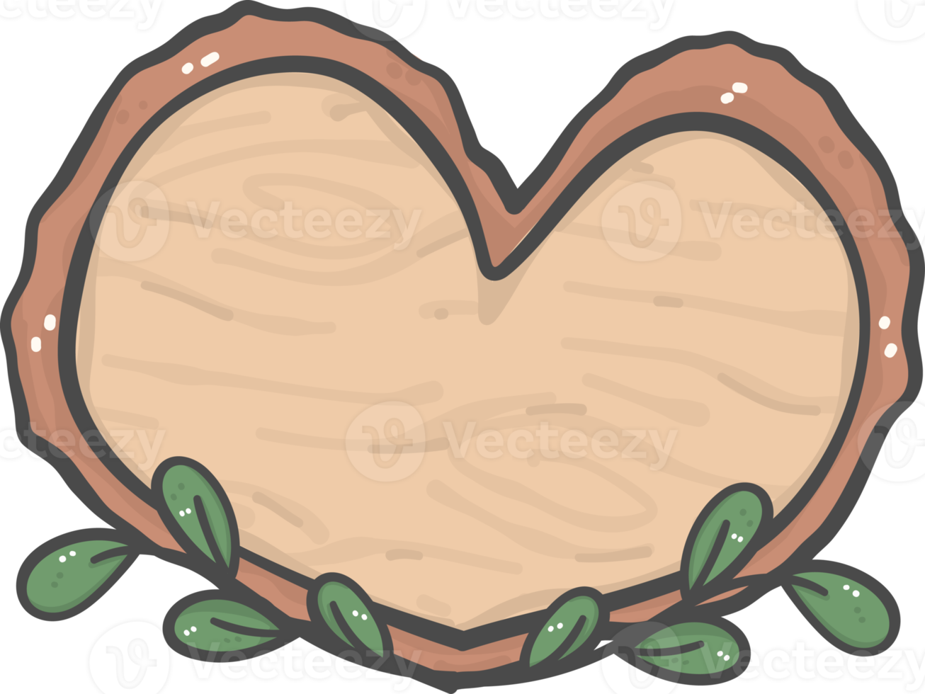Marrone di legno cartello tavola cuore forma con foglia semplice scarabocchio cartone animato disegno png