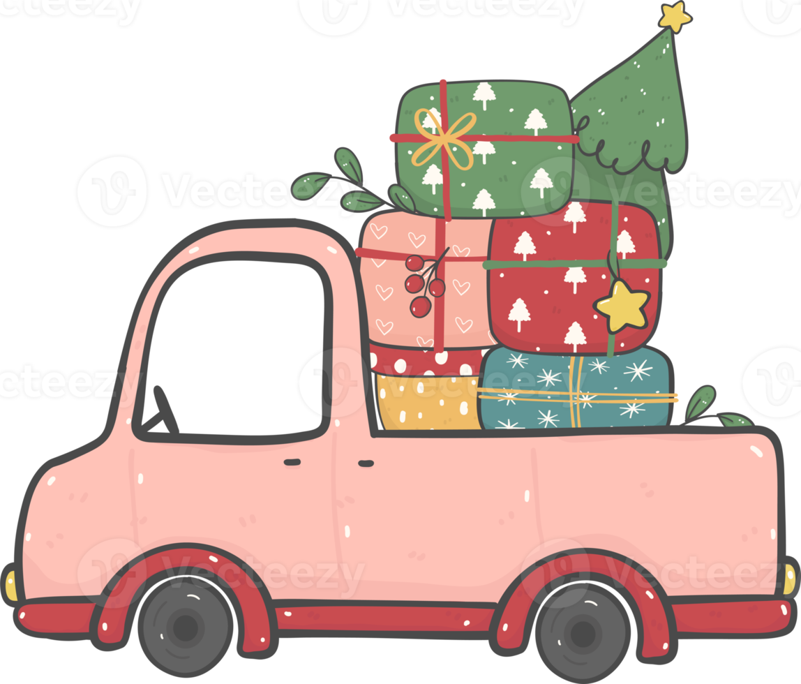 cute Christmas car cartoon doodle hand drawn png