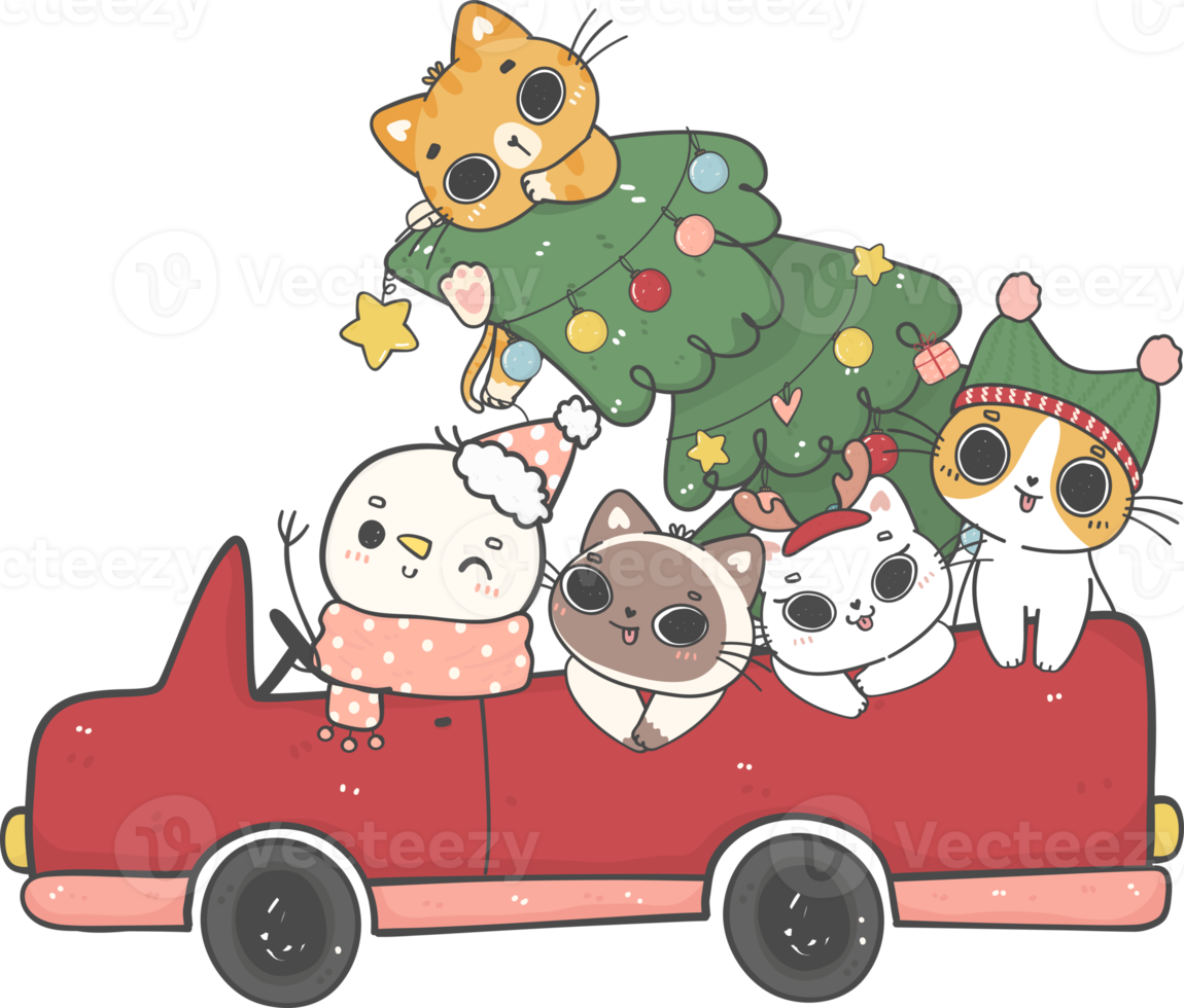 süßer schneemann, weihnachtsmann und katzen in der weihnachtsautokarikatur-gekritzelhand gezeichnet png