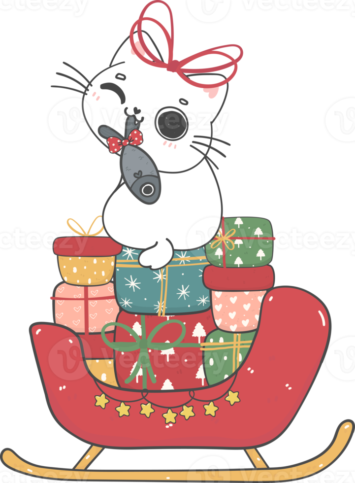 cute snowman, Santa and cats in Christmas car cartoon doodle hand drawn png