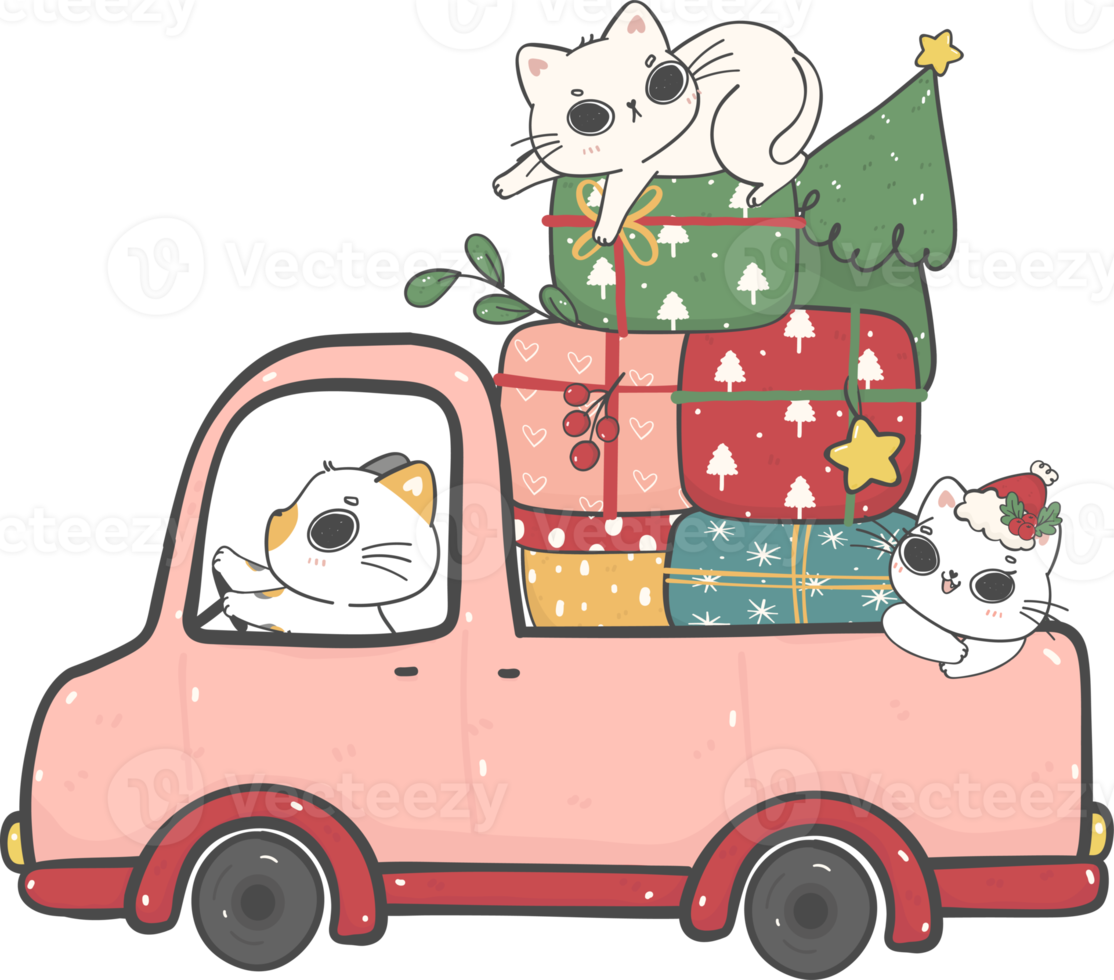 cute snowman, Santa and cats in Christmas car cartoon doodle hand drawn png