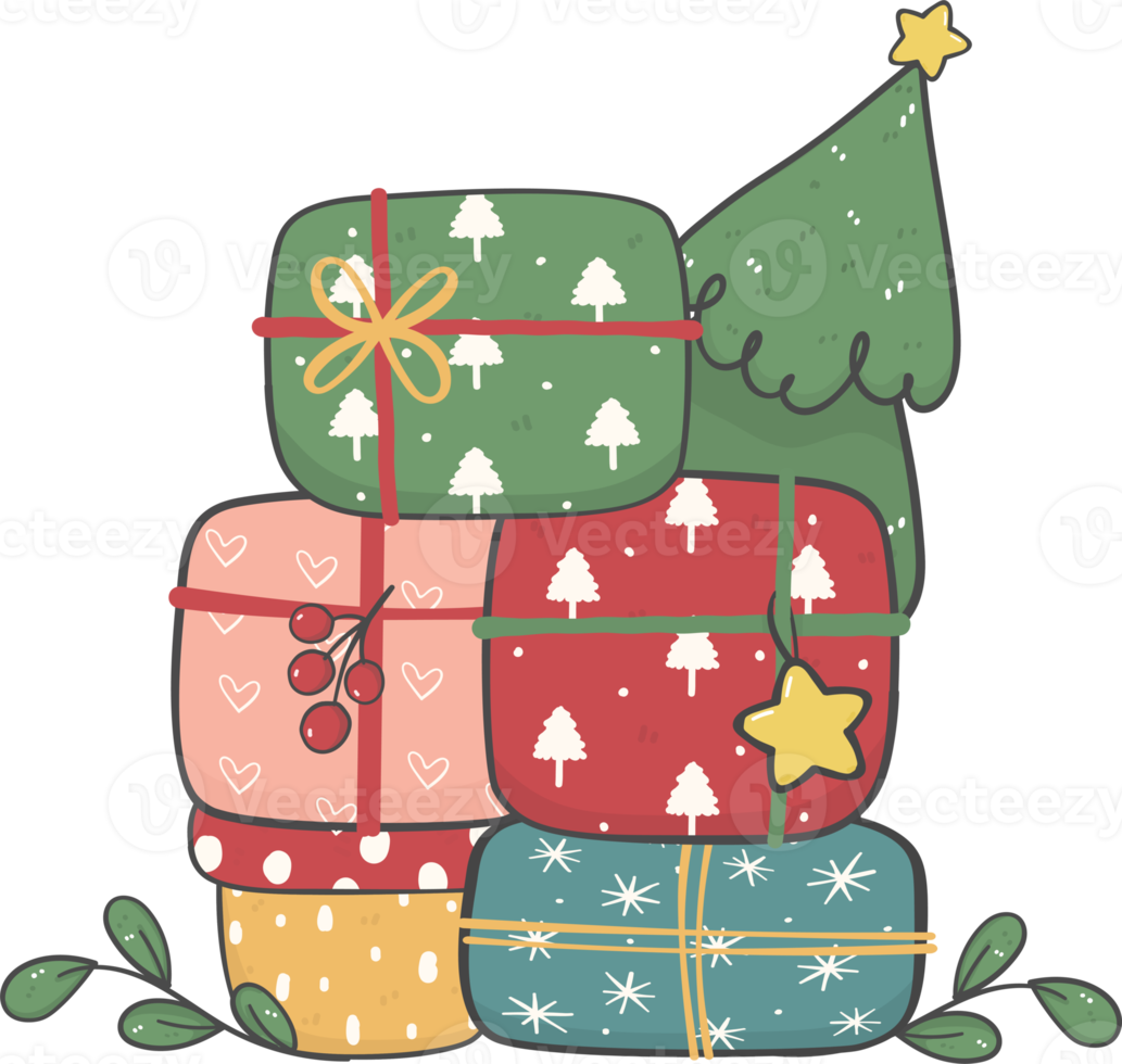 cute stacked of Christmas gift boxes cartoon doodle hand drawn png
