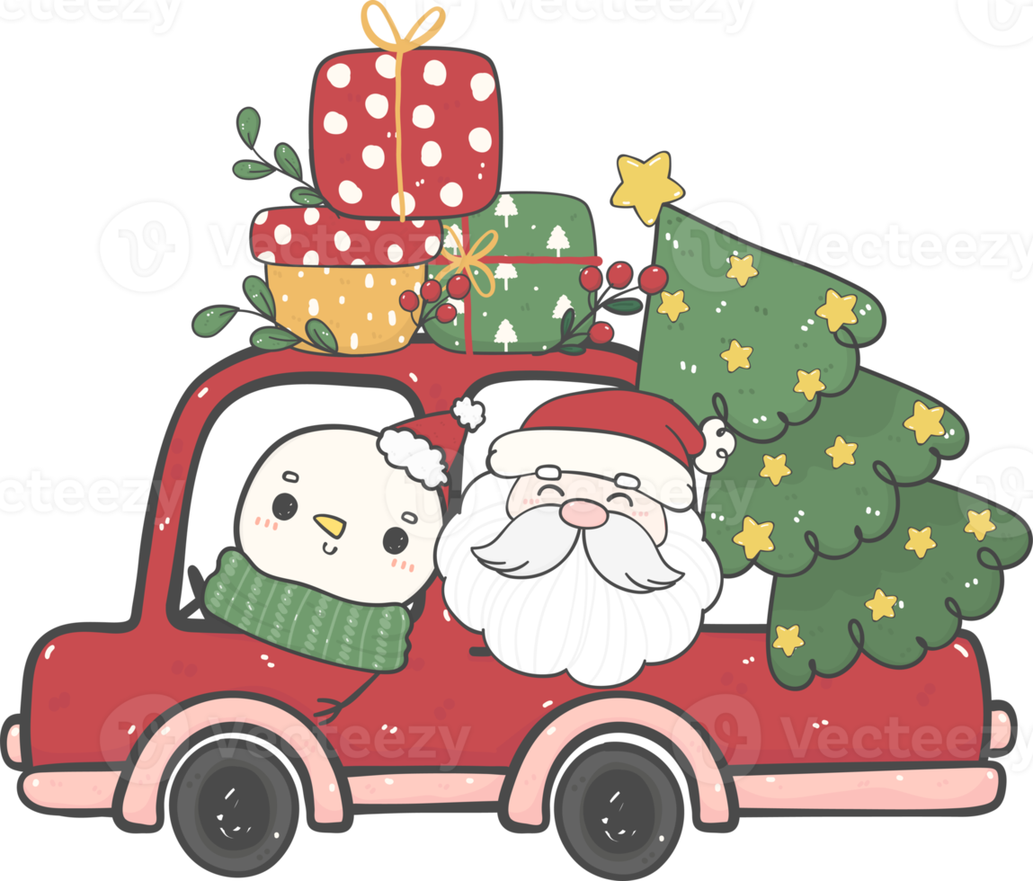 cute snowman, Santa and cats in Christmas car cartoon doodle hand drawn png