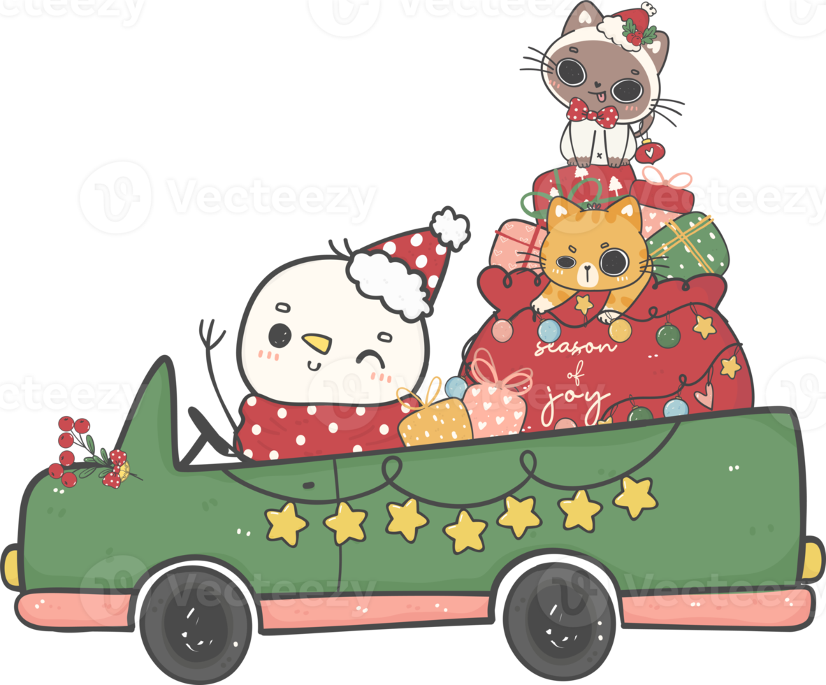 cute snowman, Santa and cats in Christmas car cartoon doodle hand drawn png