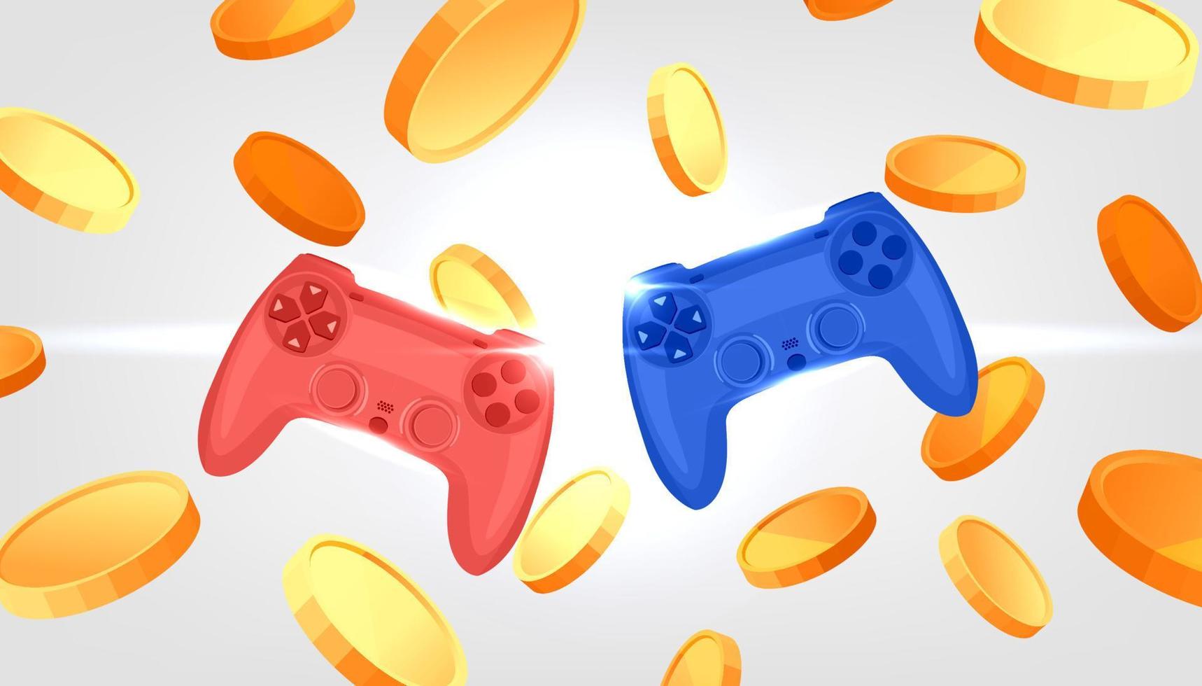 NFT Games. Game controller with Tokens crypto currency on white background. vector