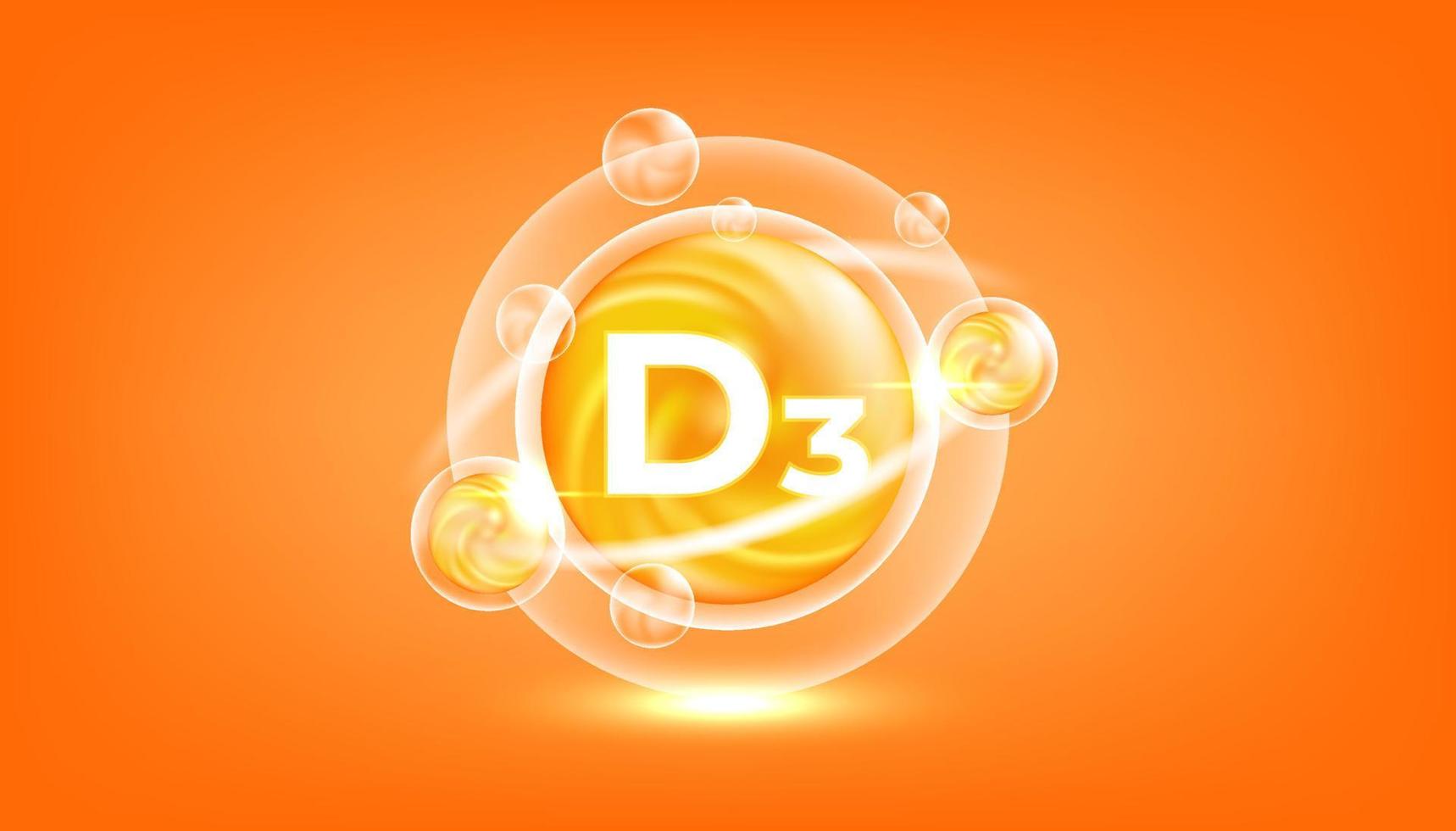 Vitamin D3 shining pill capsule icon. Cholecalciferol vitamin with Chemical formula. Shining golden substance drop. Beauty treatment nutrition skin care design. vector