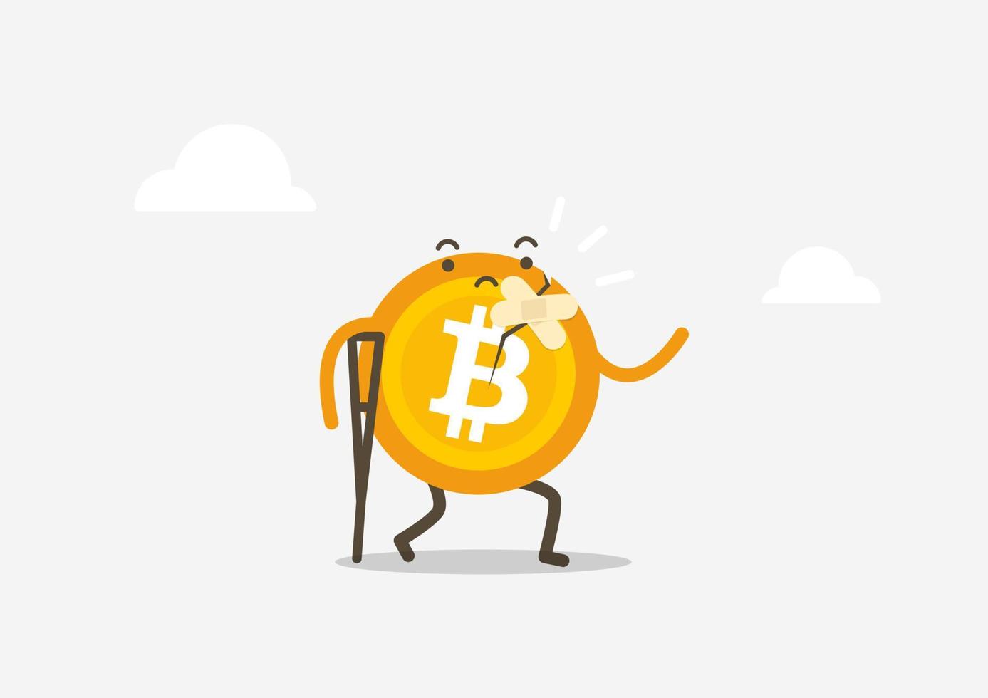 Bitcoin damaged cracked down with bandage repair. Bitcoin trading cartoon concept. vector