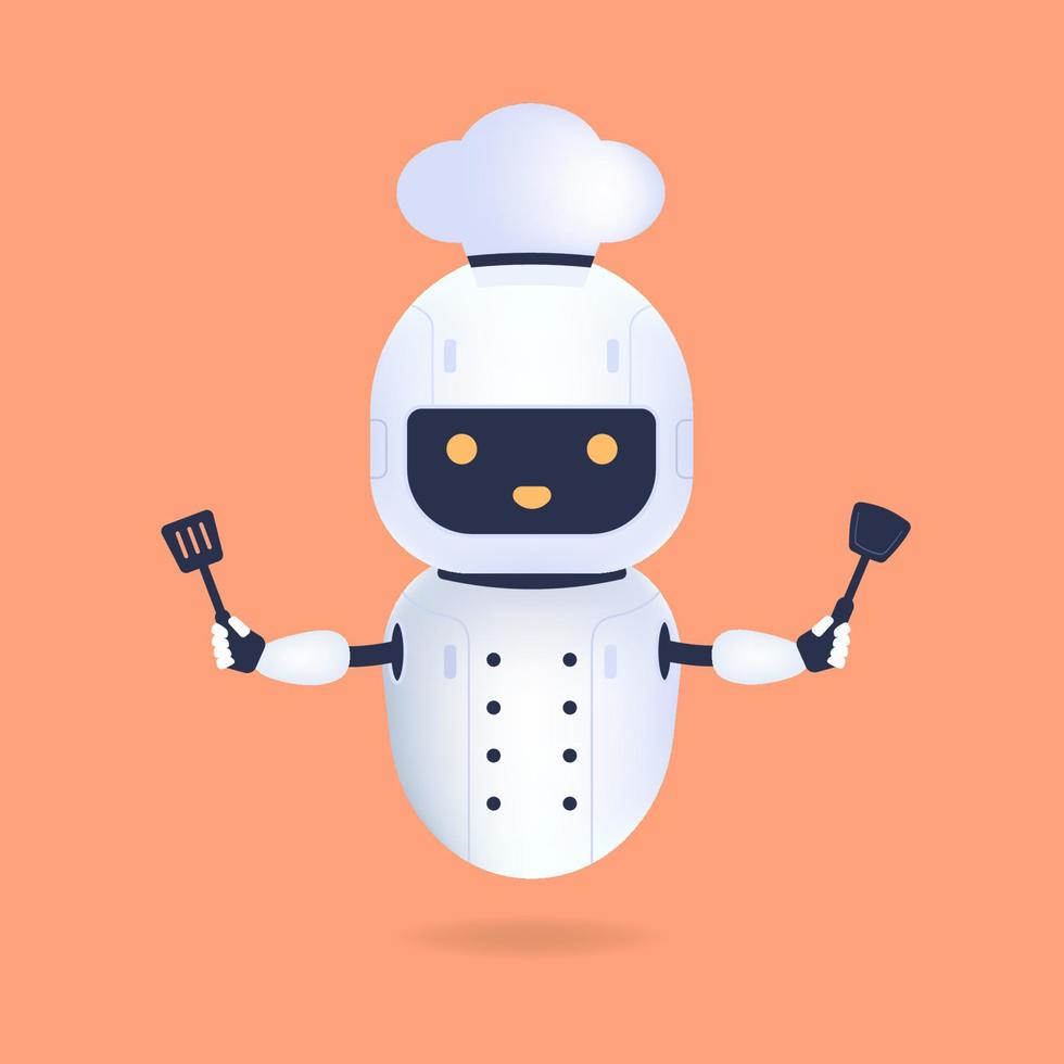 White friendly chef robot with turner and wok spatula. Cooking Robot Artificial Intelligence concept. vector