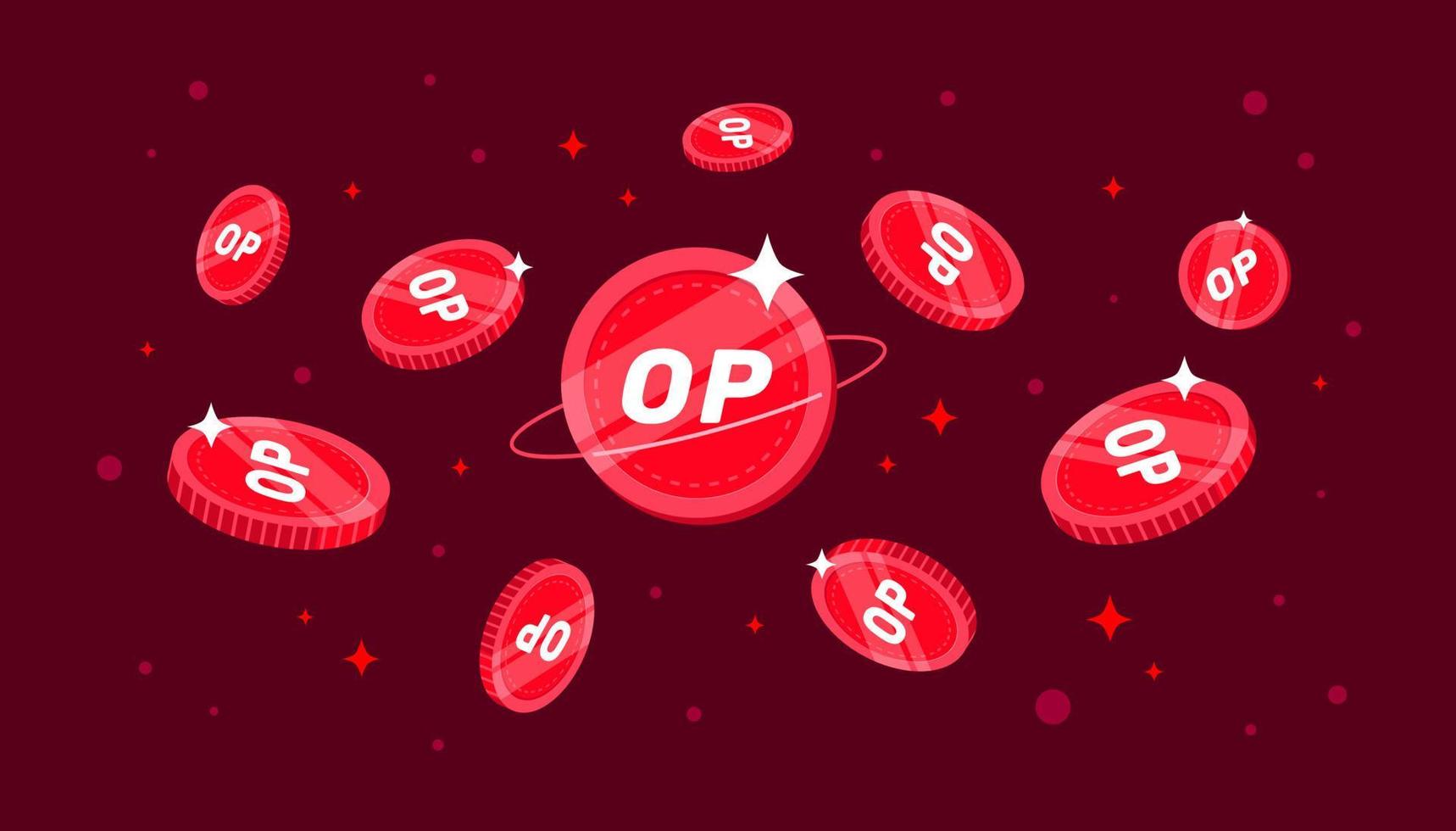 Optimism coins falling from the sky. OP cryptocurrency concept banner background. vector