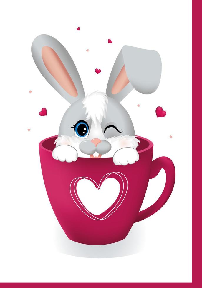 Greeting postcard with pink hearts and little rabbit or hare, sitting in the cup. vector