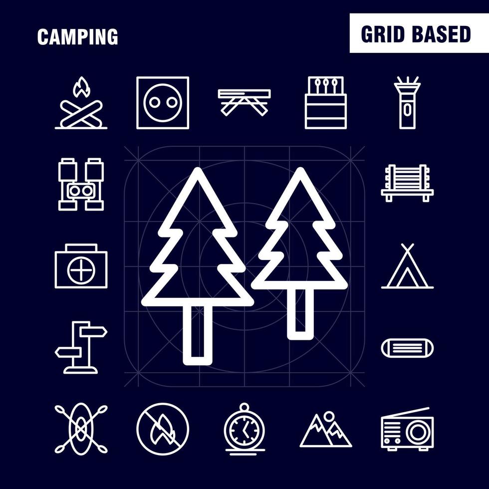 paquete de iconos de línea de camping para diseñadores y desarrolladores iconos de banco camping viaje al aire libre camping partido vector de fuego al aire libre