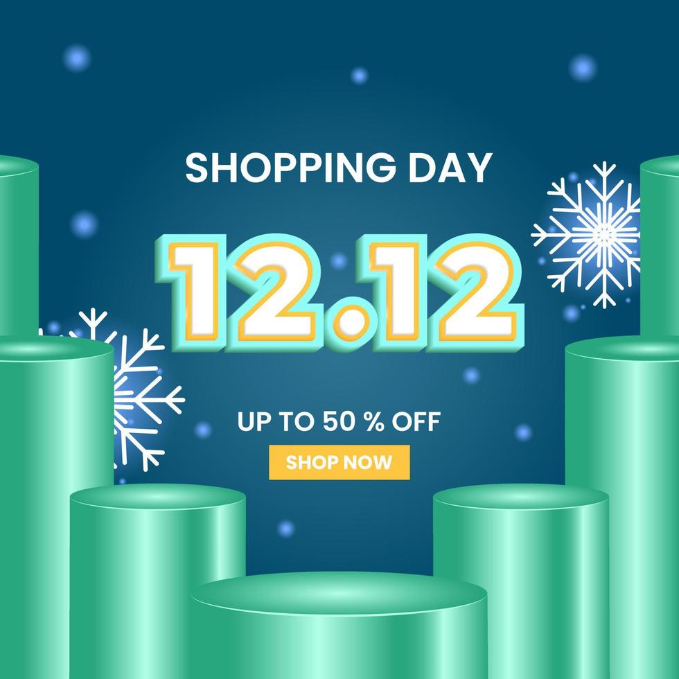 shopping day 12 12 up to 50 percent off design template. with text effect, snowflake and green podium. modern and 3d style. use for flyer, banner, promotion, advertising, web, social and ads vector