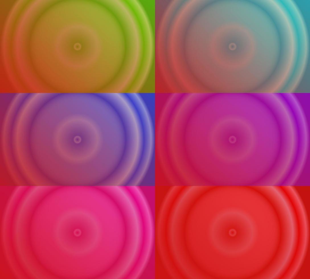 seis conjuntos de fondo abstracto degradado radial rojo. estilo simple, minimalista, moderno y colorido. verde, azul, morado y rosa. uso para página de inicio, backgdrop, papel tapiz, banner de portada o volante vector