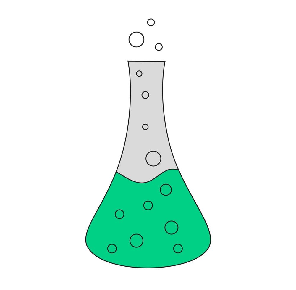 Illustration of a test tube with green liquid and bubbles. Science chemical icon with a test tube. vector