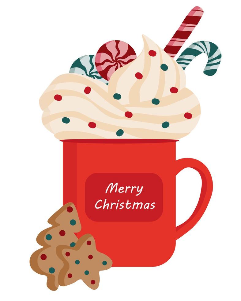 Illustration of red Christmas mug with whipped cream, lollipops, candy cane. Below are gingerbread cookies in the form of Christmas tree and star, decorated with sprinkles. Merry Christmas on the cup vector