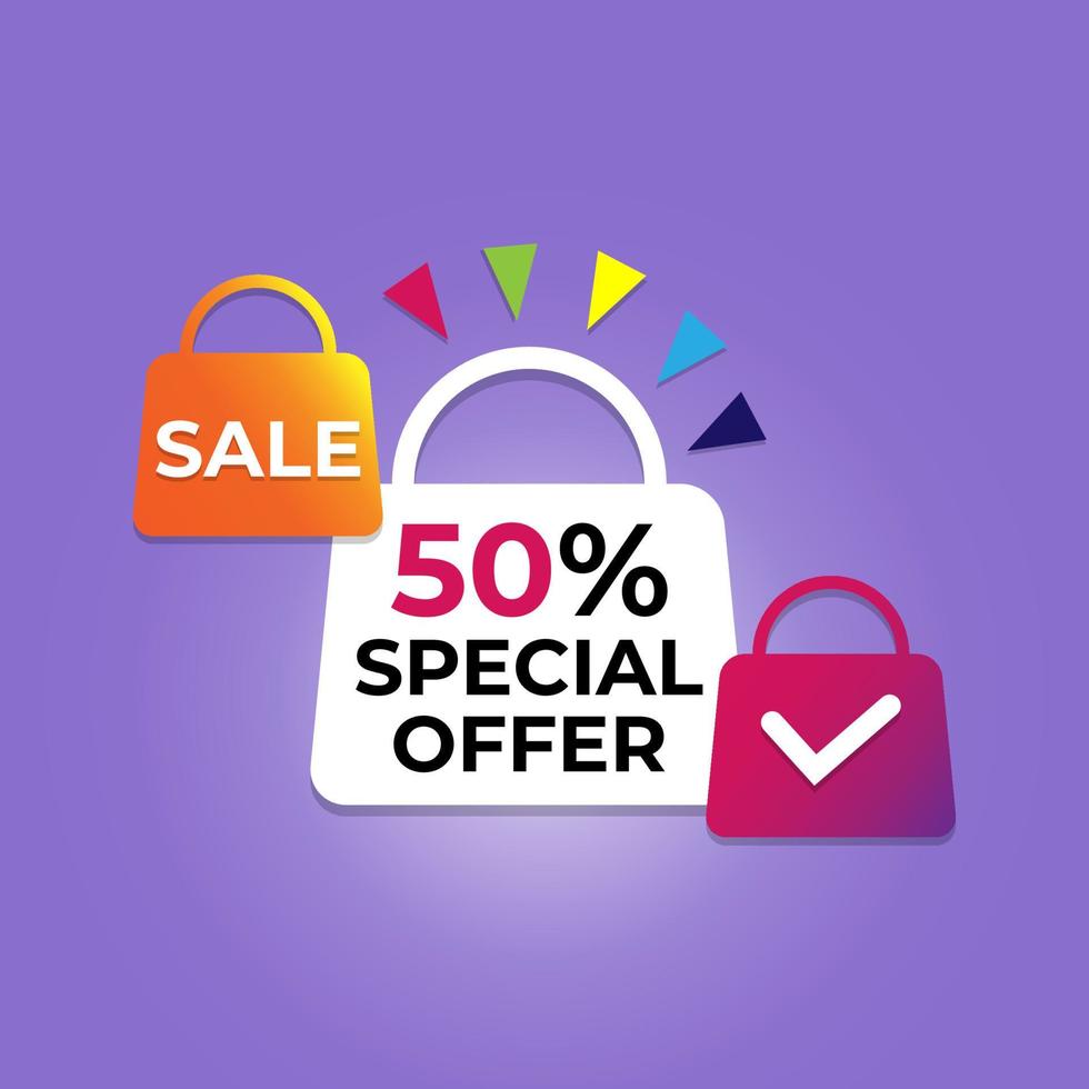 Discount 3d banner shape bags. Special offer bags store. Sale coupon price tag icon. Sale banner with 50 percent discount offer. Sale price sticker message. vector