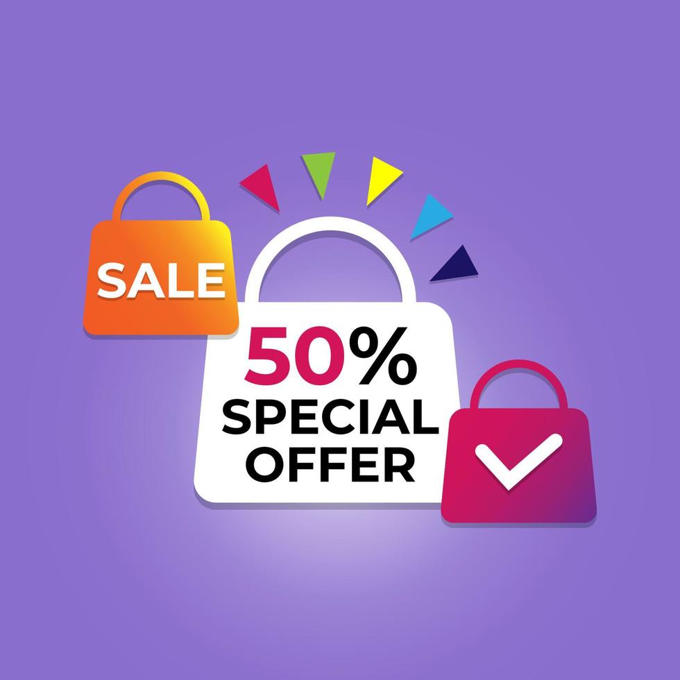 bolsas con forma de banner 3d. tienda de bolsos oferta especial. icono de etiqueta de precio de cupón de venta. banner de venta con oferta de descuento del 50 por ciento. mensaje de etiqueta de precio de venta. vector