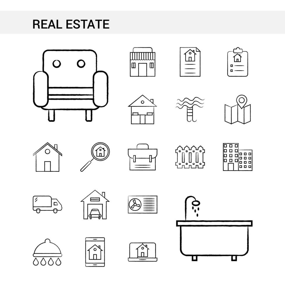 estilo de conjunto de iconos dibujados a mano de bienes raíces aislado en vector de fondo blanco