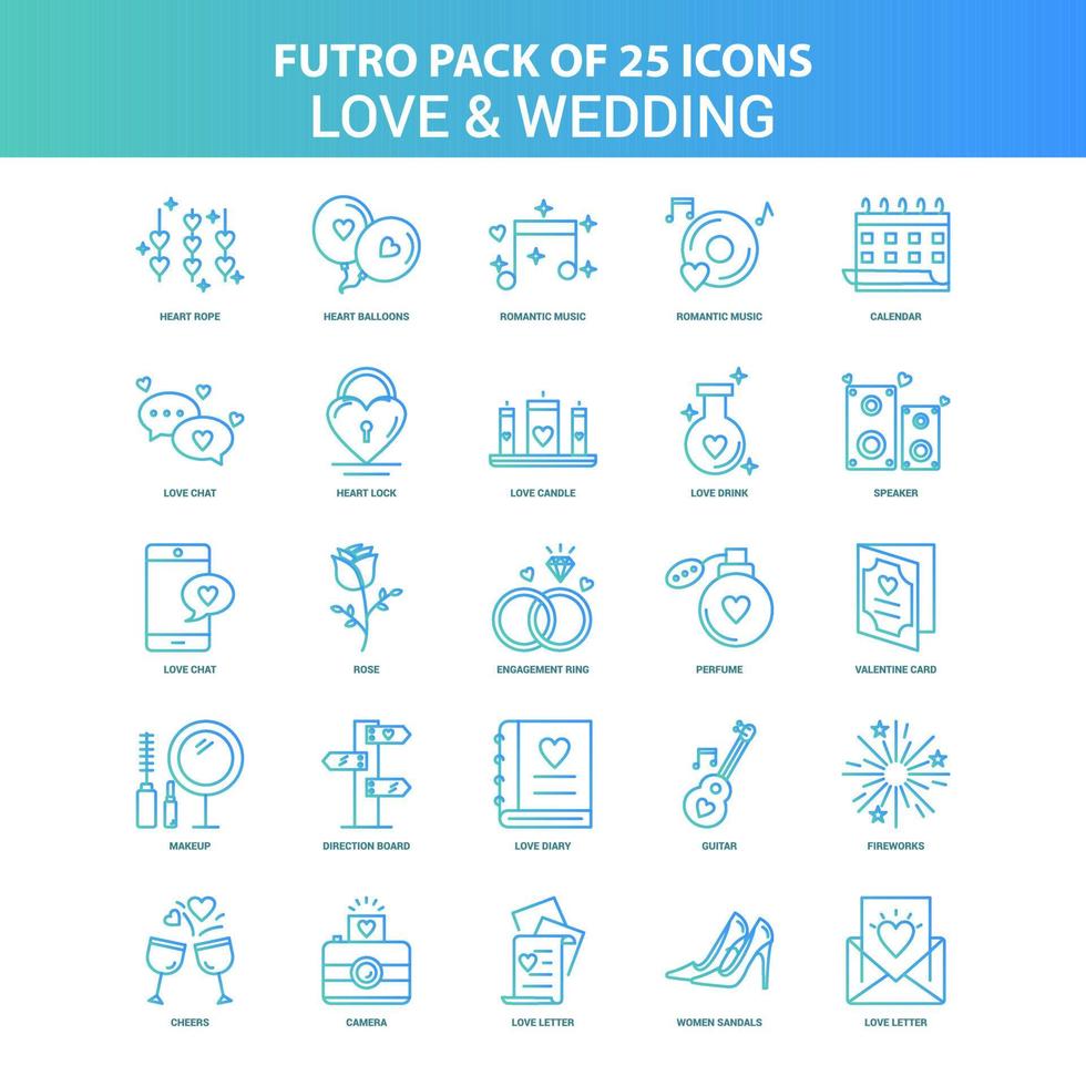 25 Green and Blue Futuro Love and Wedding Icon Pack vector