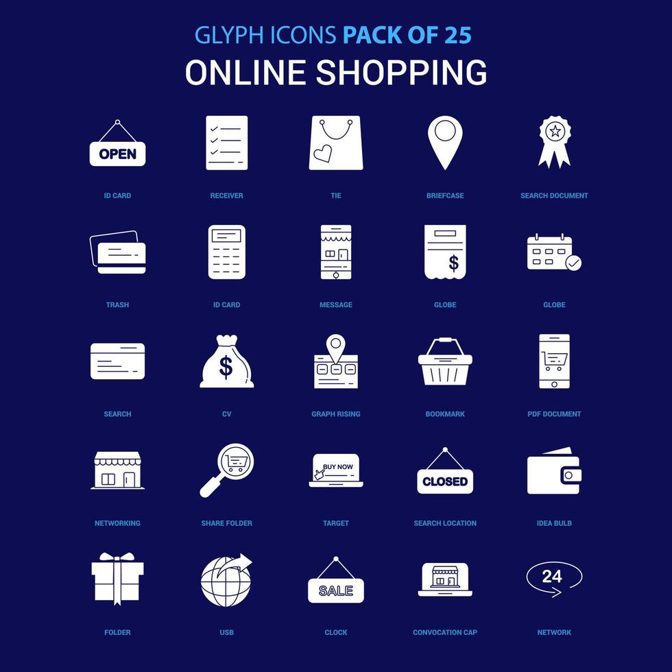 icono blanco de compras en línea sobre fondo azul paquete de 25 iconos vector