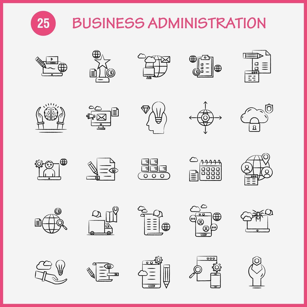 Business Administration Hand Drawn Icons Set For Infographics Mobile UXUI Kit And Print Design Include Book Dart Game Target Focus Brain Microscope Science Collection Modern Infographic Log vector