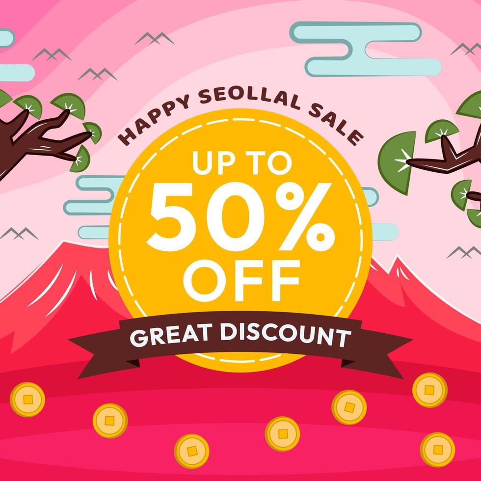 flat happy seollal 2023 plantilla de venta de año nuevo coreano 50 por ciento de descuento gran diseño de ilustración de descuento vector