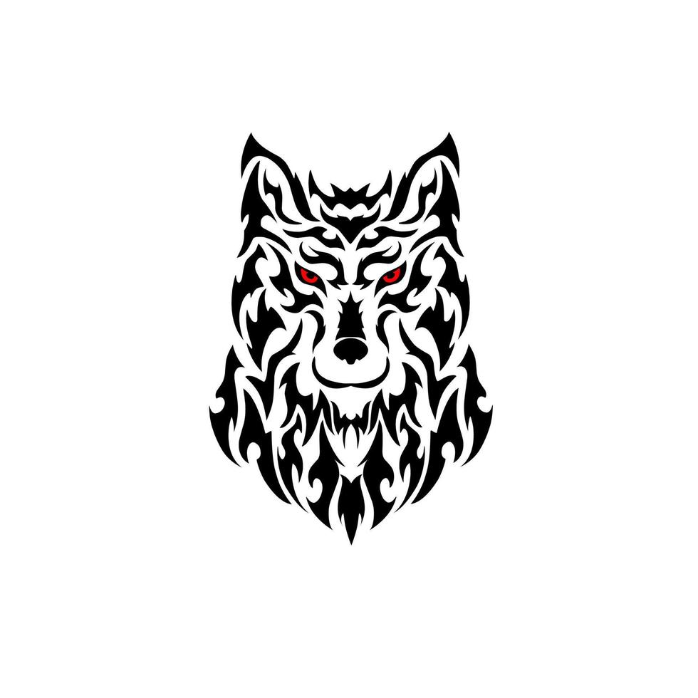 diseño de tatuaje tribal cabeza de cara de lobo enojado con ojos rojos vector