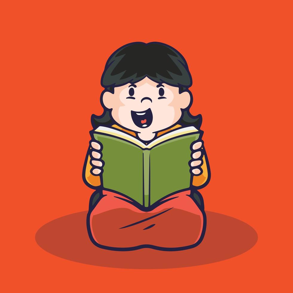 Hand drawn children cartoon activities of a girl reading book. vector