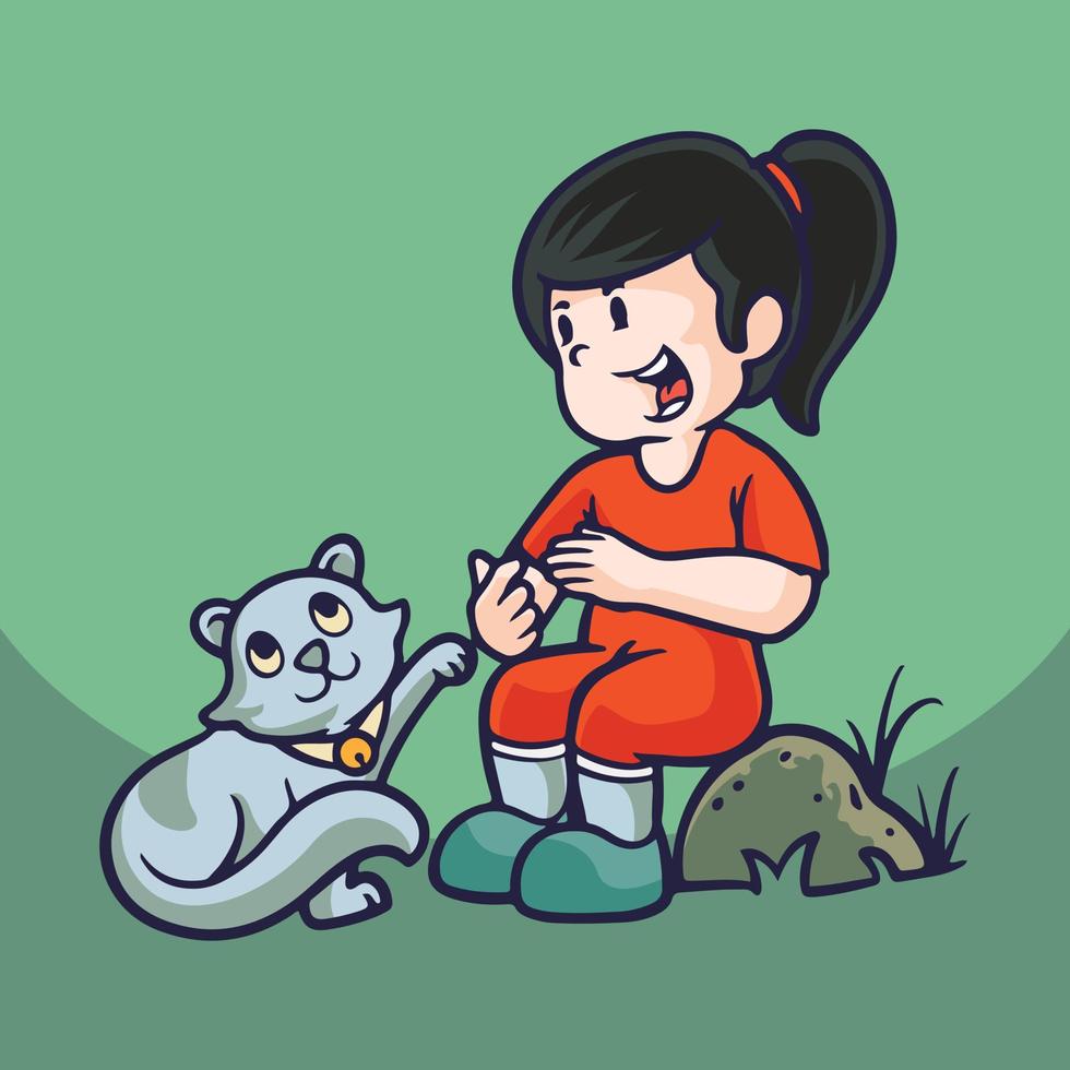 Hand drawn children cartoon activities of girl feeding cat. vector