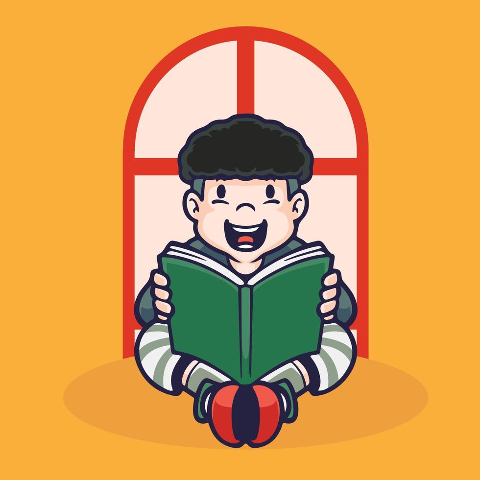 Hand drawn children cartoon activities of boy reading book. vector