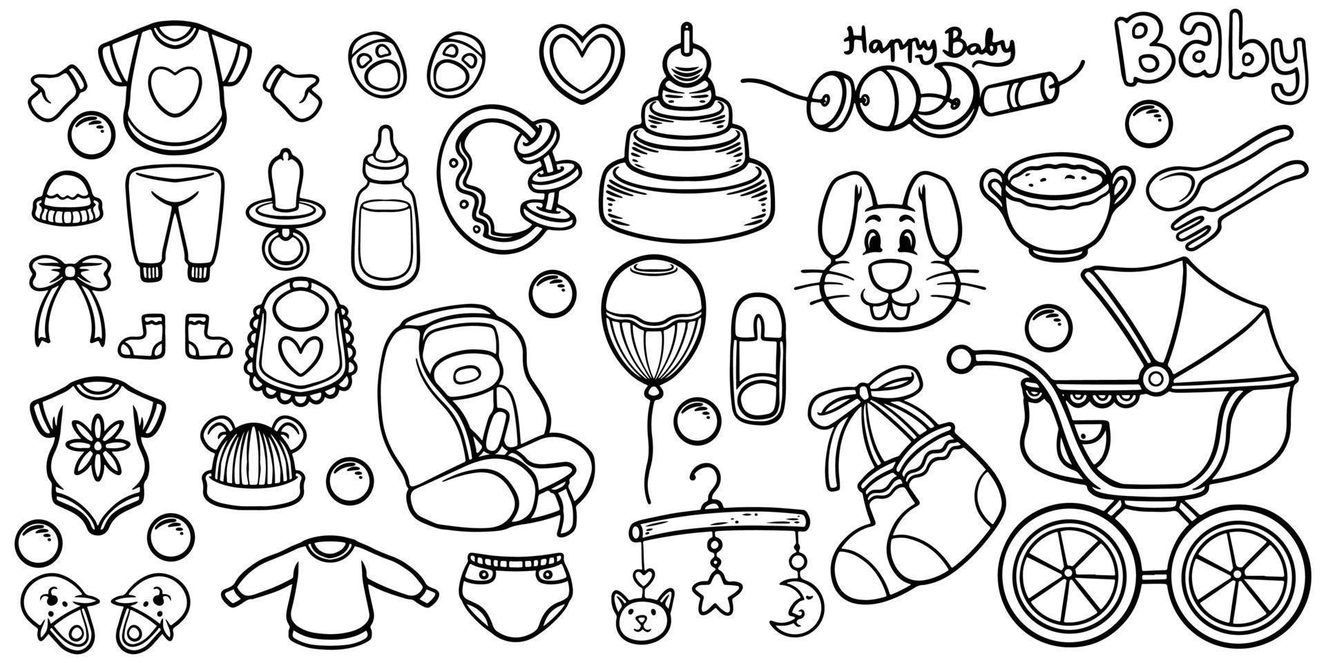 conjunto dibujado a mano kit de herramientas de juguetes de ducha de bebé recién nacido sobre fondo blanco vector