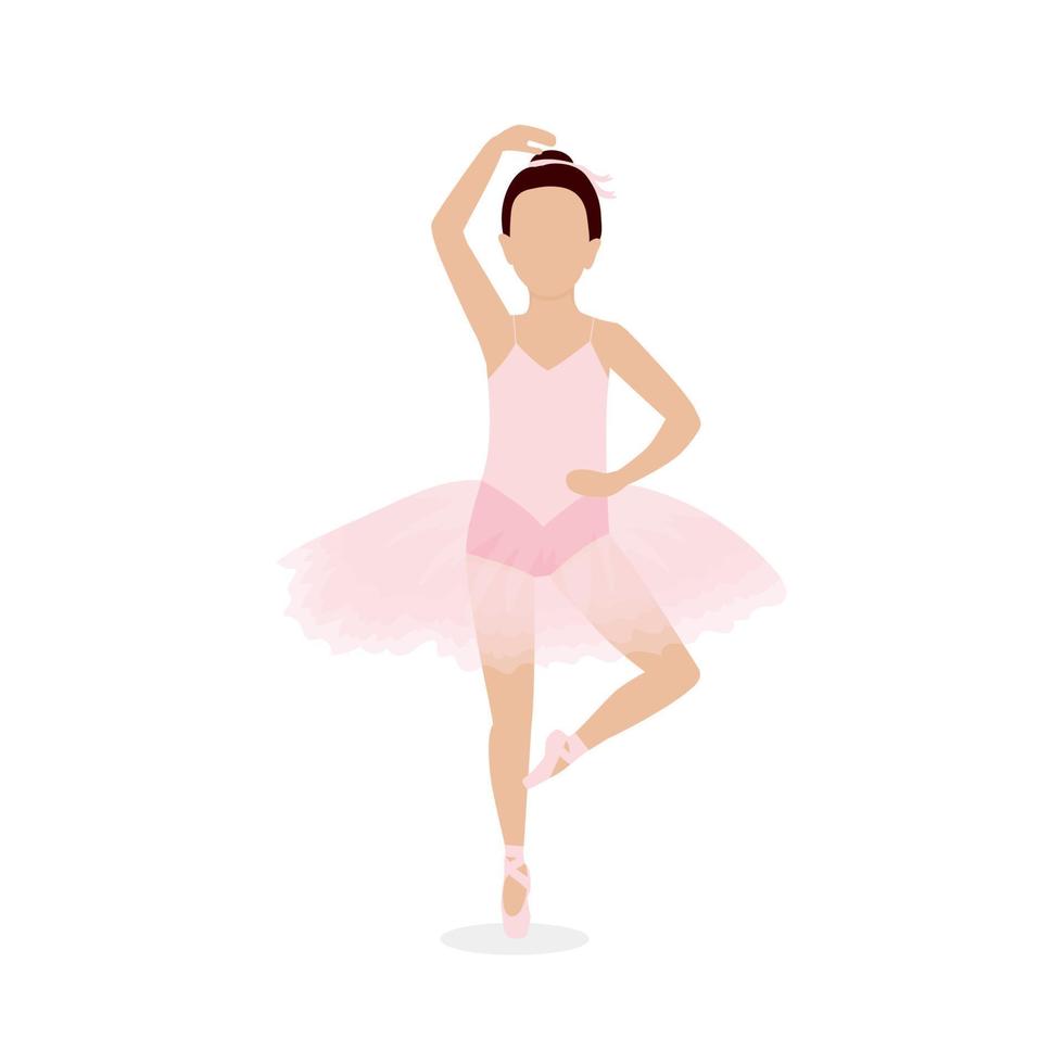 Girl ballet dancer. Little child doing ballet exercises. Cute kid at pink dress doing balancing posture. Acrobat training. Sports activity. Vector illustration isolated on white background