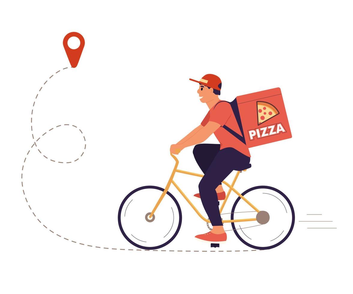 mensajero en bicicleta, repartiendo pizza. repartidor con bolsa en bicicleta, entrega el pedido a lo largo de la ruta geoetiquetada. hombre con mochila en bicicleta. ilustración vectorial plana aislada en blanco vector
