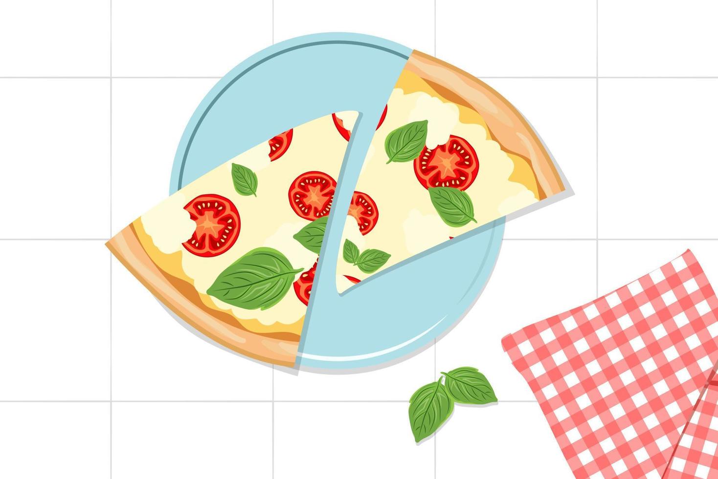 trozos de pizza triangulares. dos rebanadas de pizza margarita en un plato azul y una servilleta roja a cuadros. cocina italiana. estufa. Tomando bocadillos de comida rápida italiana tradicional. ilustración vectorial plana vector