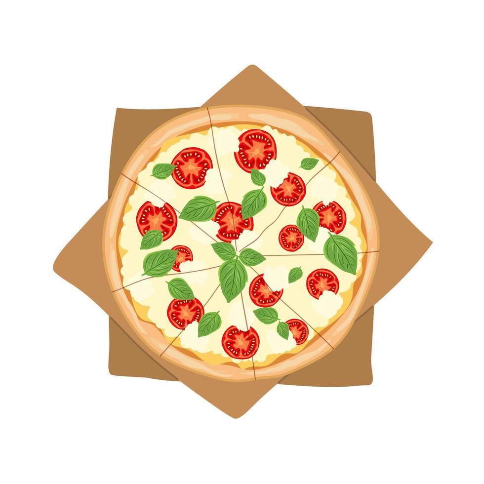 Whole Margarita pizza with mozzarella cheese, tomatoes and basil. Italian snack. Pizza on the craft paper top view. Flat vector illustration isolated on white background