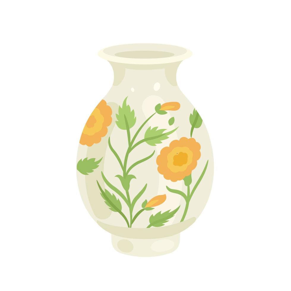 Ceramic vase of light yellow color with flowers. Vector flat illustration isolated on white background.