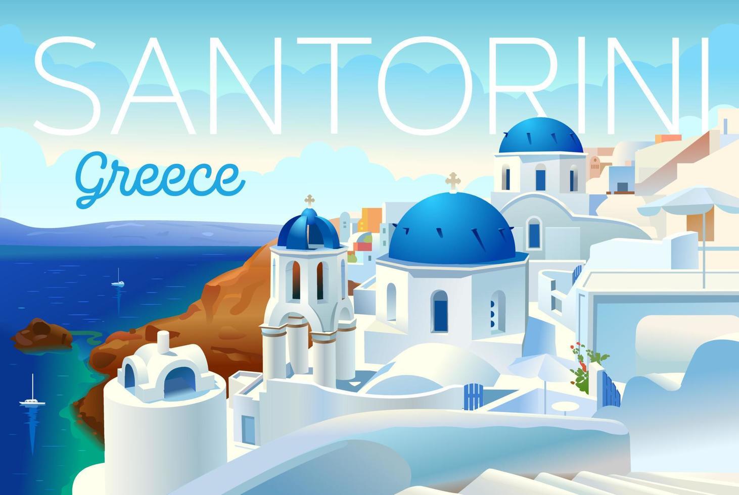 Santorini island, Greece. Beautiful traditional white architecture and Greek Orthodox churches with blue domes over the caldera, Aegean Sea. Scenic travel background. Advertising card, flyer, flyer vector