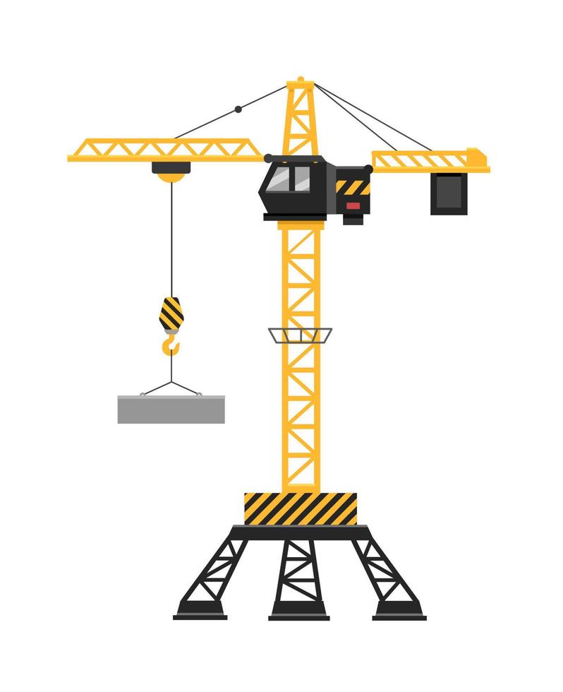 Industrial yellow truck mounted crane and lifting generator. A construction crane with a cabin lifts the load. White background. Flat design. Vector illustration.