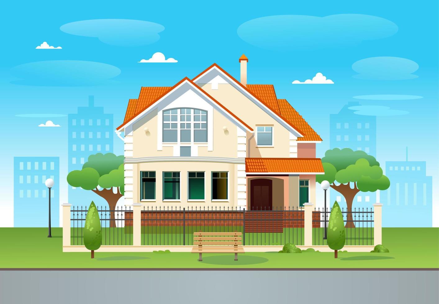 Street with a house on a green lawn with a fence. Villa, cottage. Cityscape scene. Flat objects of the cityscape. Summer exterior of suburban village green trees, bushes, clouds, lantern. Vector