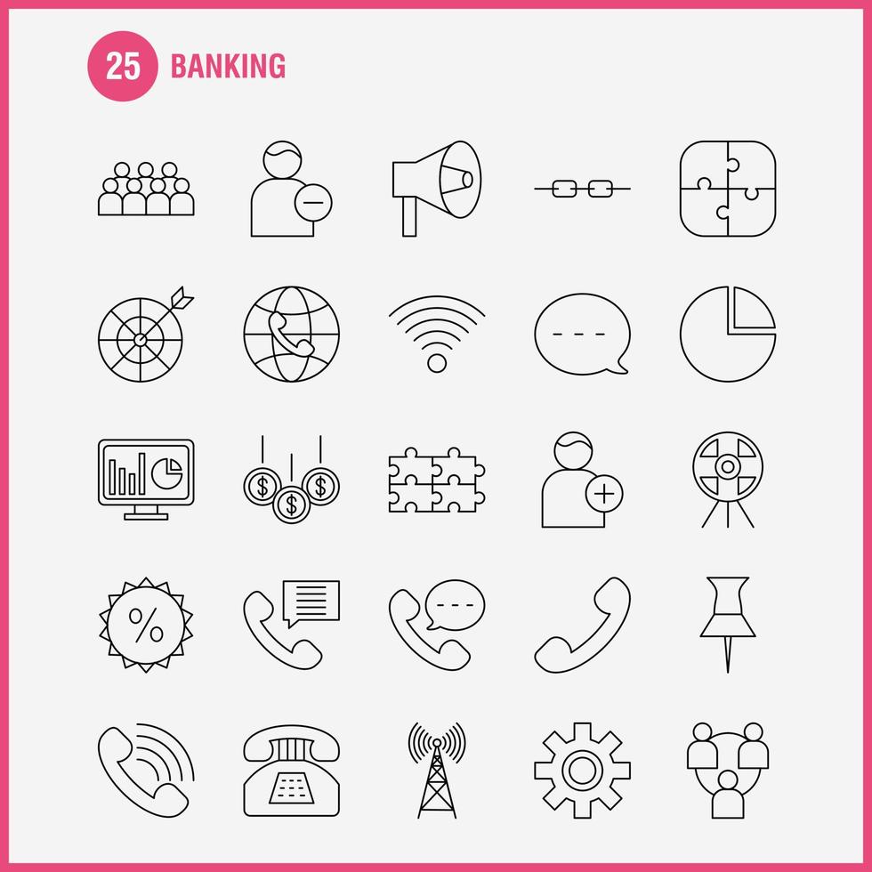 Banking Line Icon for Web Print and Mobile UXUI Kit Such as World Online Shopping Phone Telephone Chat Phone Mail Pictogram Pack Vector
