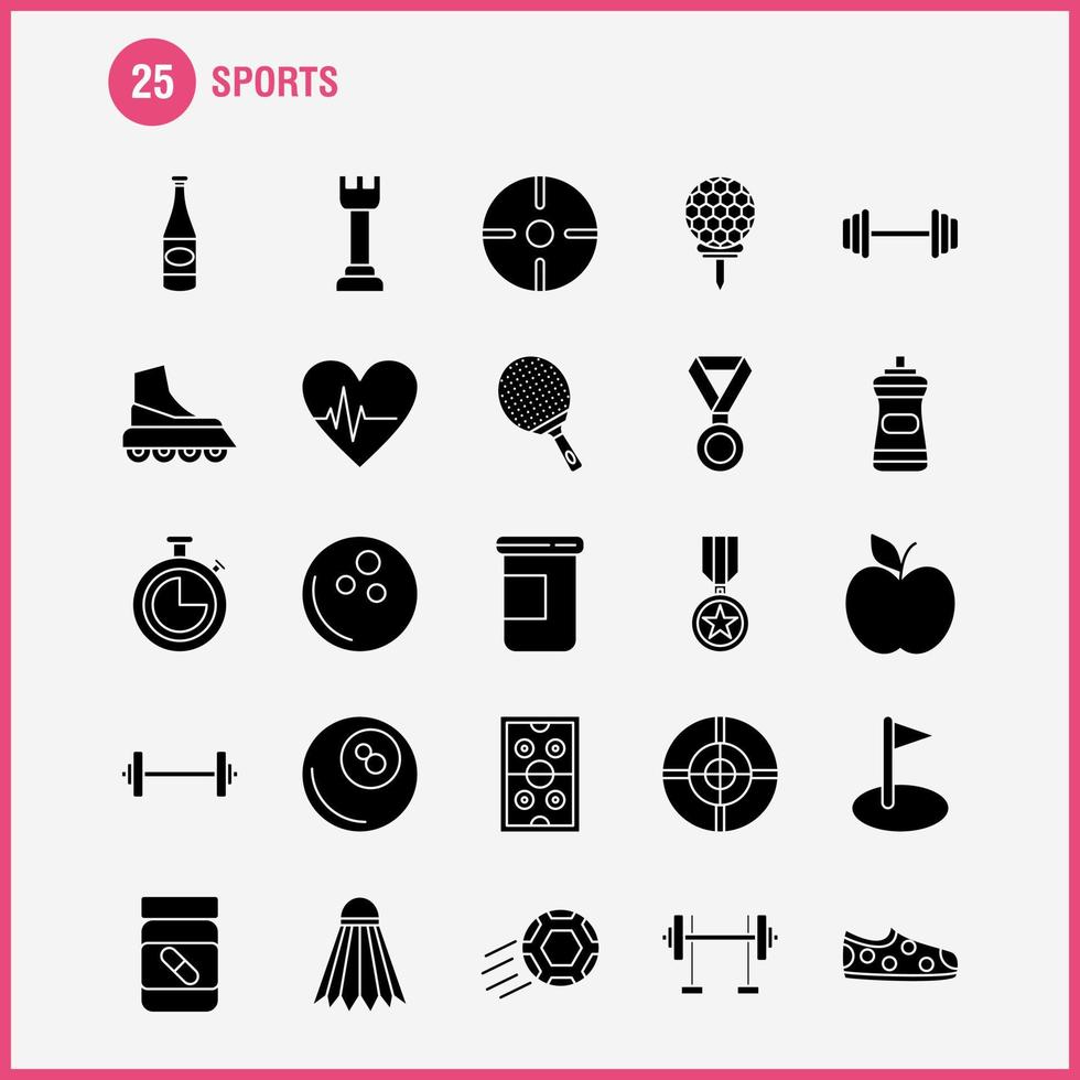 icono de glifo sólido deportivo para impresión web y kit de uxui móvil, como abordaje, patineta, patinaje, tiro deportivo, tablero de tiro, paquete de pictogramas deportivos, vector