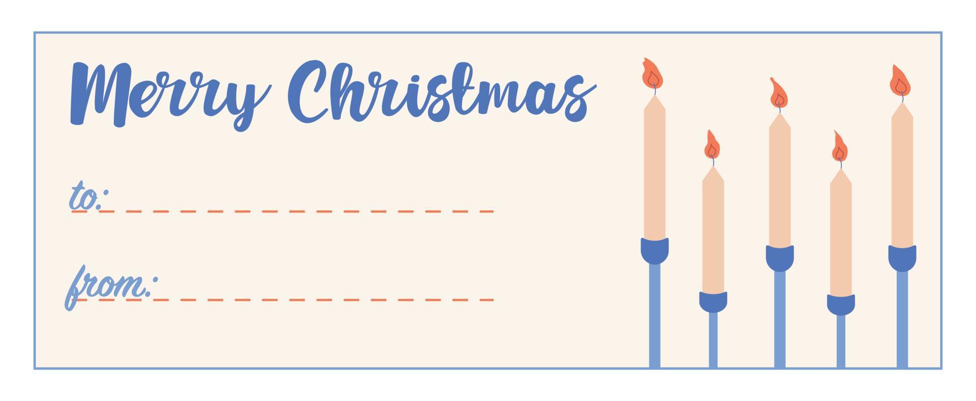 Cozy Hygge Christmas greeting card, gift tag, badge, label. Space for text from and to . Sign for a gift box with candles and fire. Merry Christmas vector