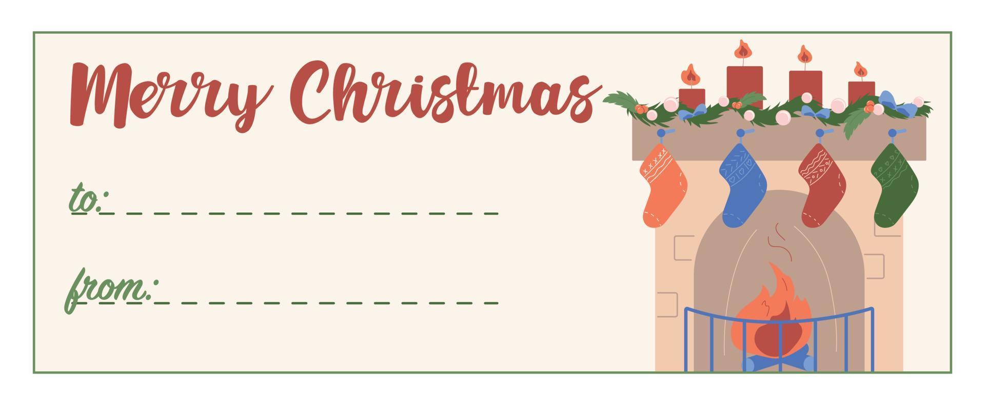 Cozy Hygge Christmas greeting card, gift tag, badge, label. Space for text from and to . Sign for a gift box with home fireplace with gift socks . Merry Christmas vector