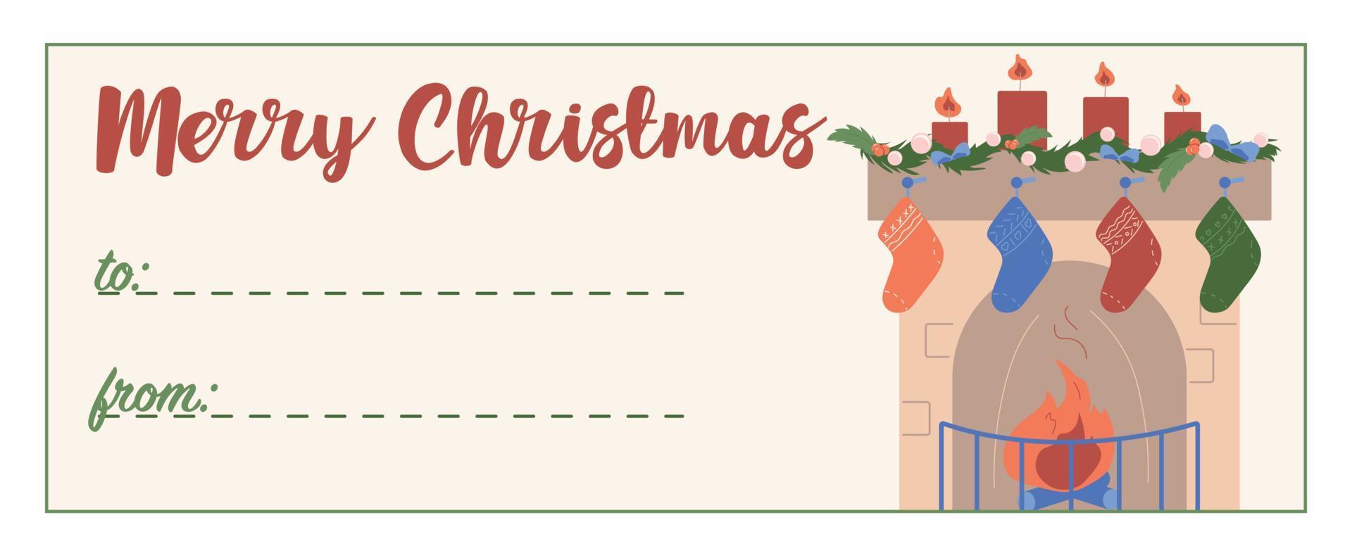 acogedora tarjeta de felicitación de navidad higge, etiqueta de regalo, insignia, etiqueta. espacio para texto desde y hacia . firme para una caja de regalo con chimenea casera con calcetines de regalo. Feliz Navidad vector