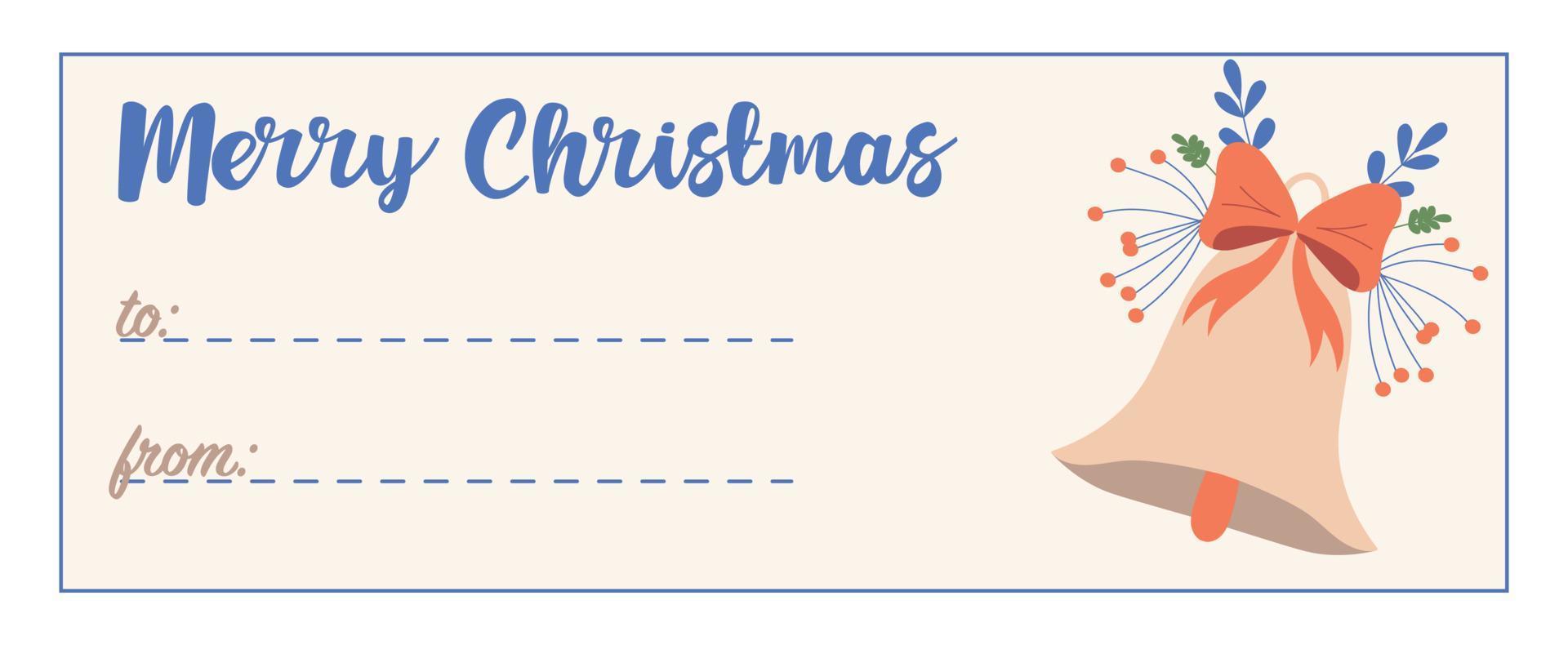 tarjeta de felicitación de navidad, etiqueta de regalo, insignia, etiqueta. espacio para una inscripción desde y hacia . firme para una caja de regalo con una campana de navidad. Feliz Navidad vector