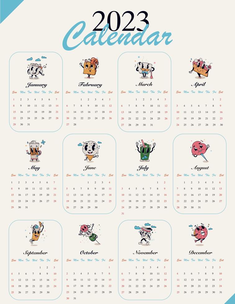 calendario mensual de dibujos animados retro de pared 2023. Plantillas de 12 meses. la semana comienza desde el domingo. Calendario 2023 ilustrado con personajes de dibujos animados retro. plantilla de calendario vertical mensual simple para 2023 vector