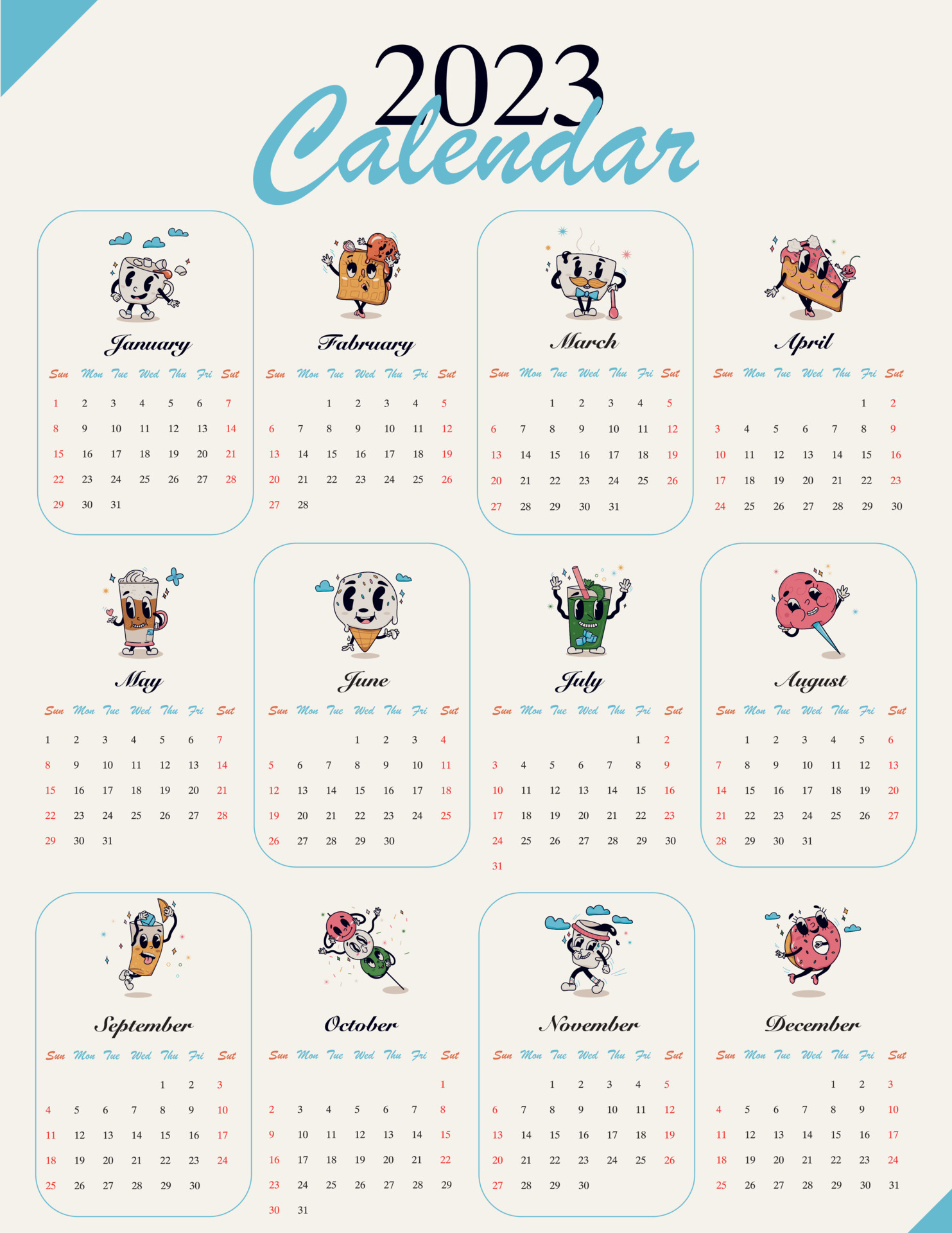 Wall monthly retro cartoon calendar 2023. 12 months templates. Week