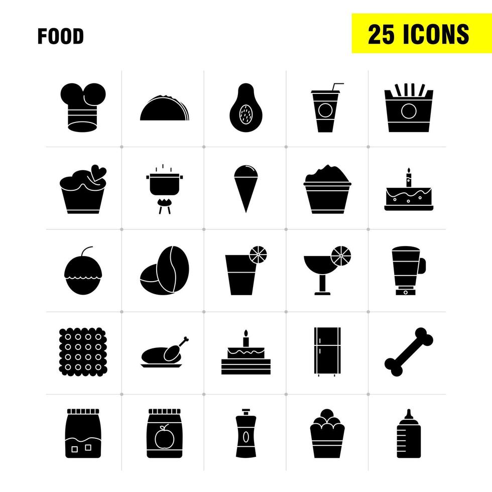 los iconos de glifo sólido de alimentos establecidos para infografías kit uxui móvil y diseño de impresión incluyen té café comida comida pimienta sal comida comida colección moderno logotipo infográfico y pictograma vector